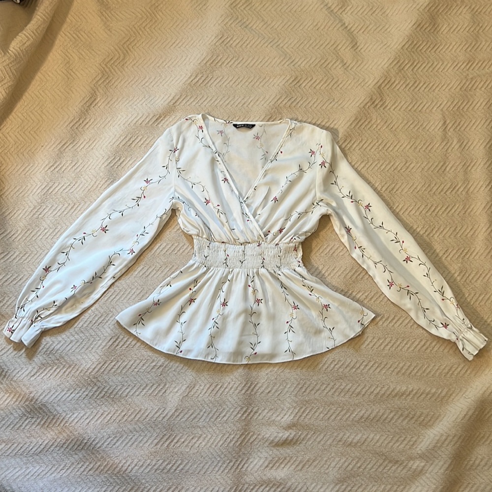 White V-Neck Peplum Blouse, Size Small